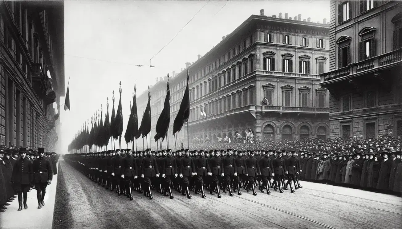Parata storica in Italia con uomini in uniforme nera e cappelli rigidi che marcano ordinatamente, spettatori in abiti d'epoca e edifici storici sullo sfondo.