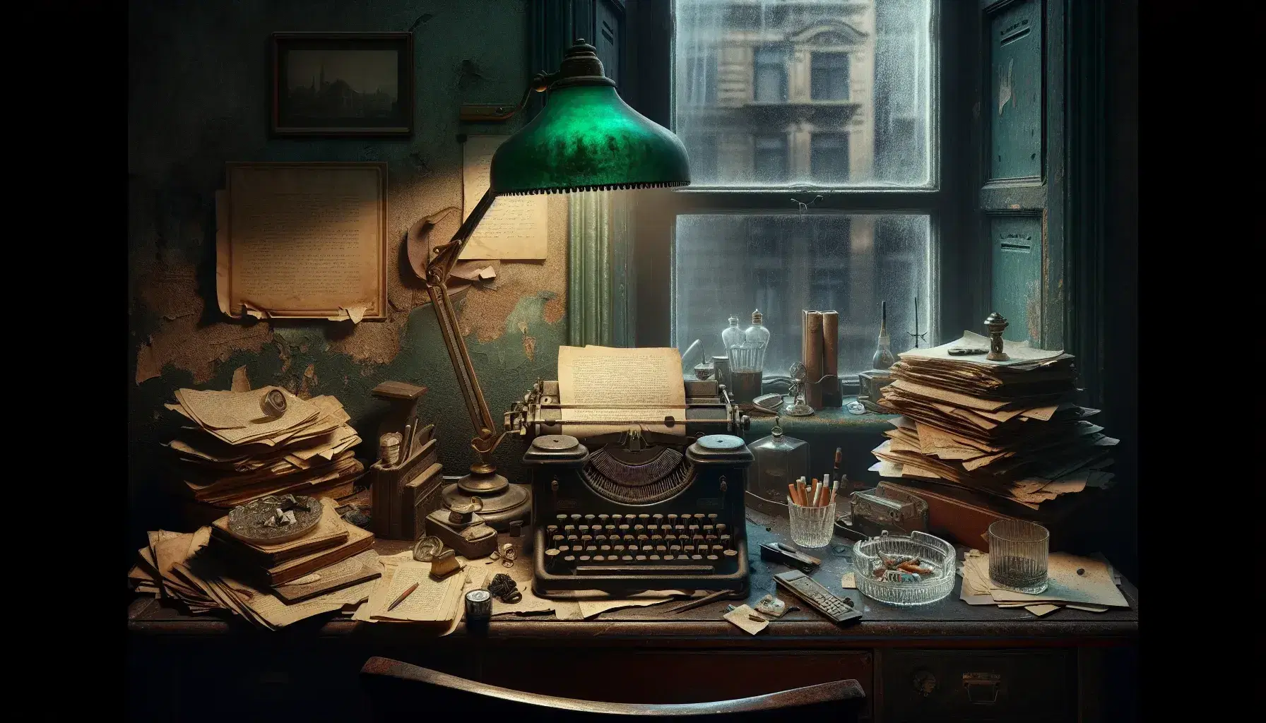 Vintage writer's desk with typewriter, scattered papers, ashtray with cigarette butts, and a green banker's lamp in a dimly lit room.