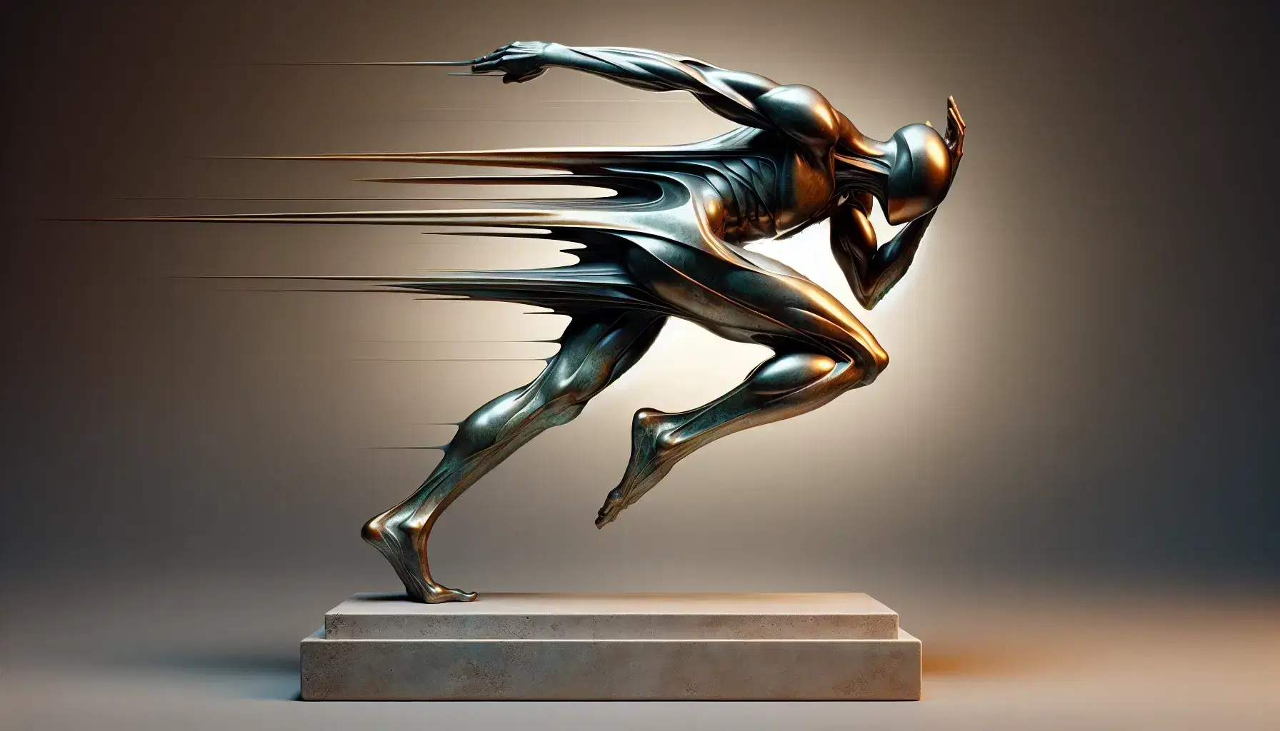 Scultura futuristica in bronzo di figura umanoide in movimento su piedistallo neutro, con superfici lisce e dettagli aerodinamici che enfatizzano dinamismo.