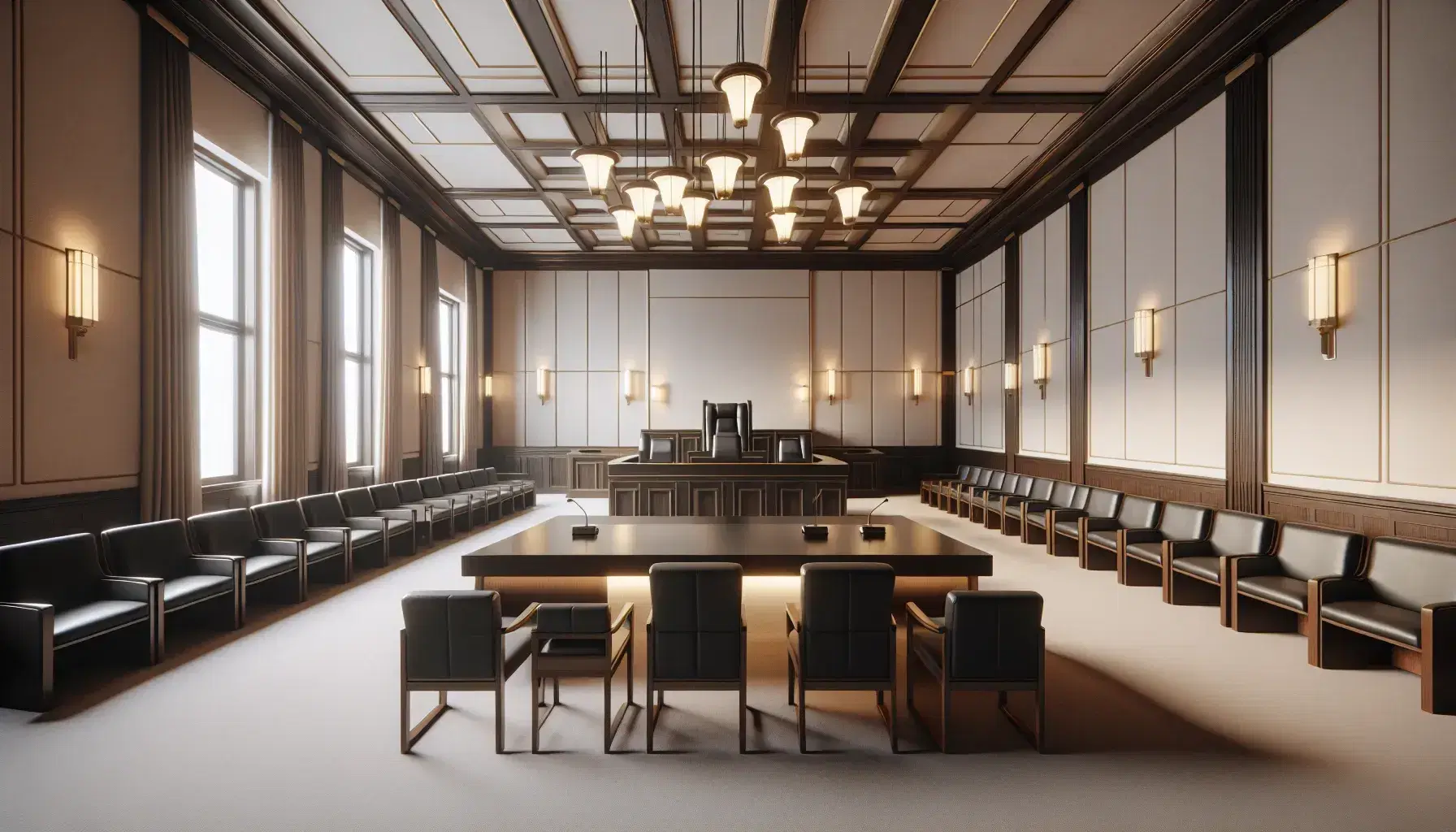 Sala de tribunal vacía con mesa central de madera oscura, sillas de cuero negro, banquillos laterales y estrado del juez iluminada naturalmente.