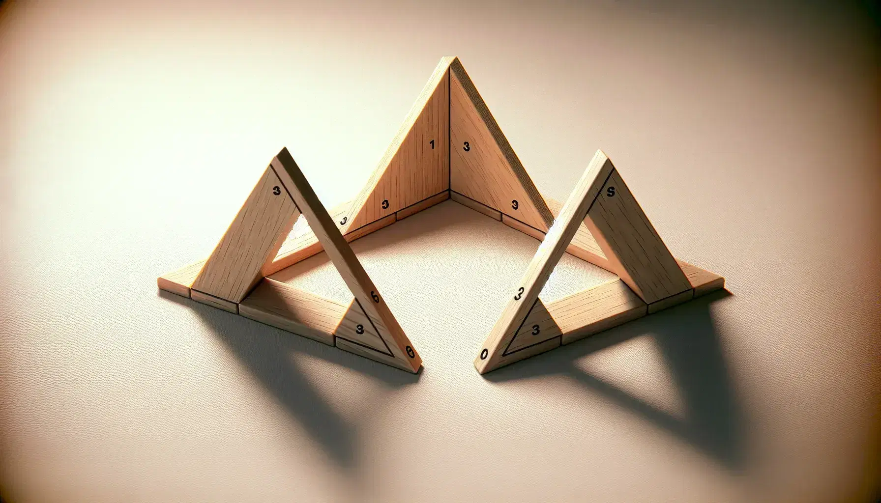 Three pairs of congruent wooden triangles demonstrate SSS and SAS congruence criteria on a light background, with notches and arcs indicating equal sides and angles.