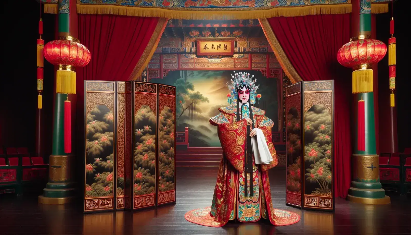 Traditional Chinese opera stage with male actor in red and gold costume, colorful makeup, beside a dark lacquer screen, under red curtains and silk lanterns.