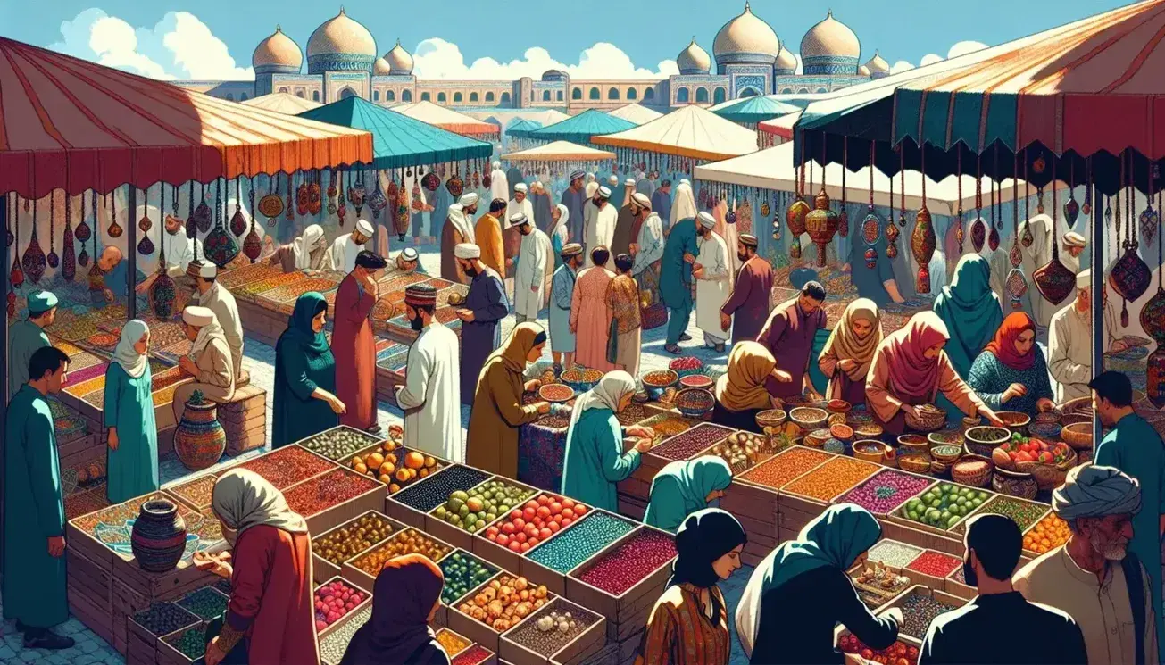 Bustling outdoor market scene with diverse people shopping at stalls selling colorful fruits, handcrafted jewelry, and potted plants under a clear blue sky.