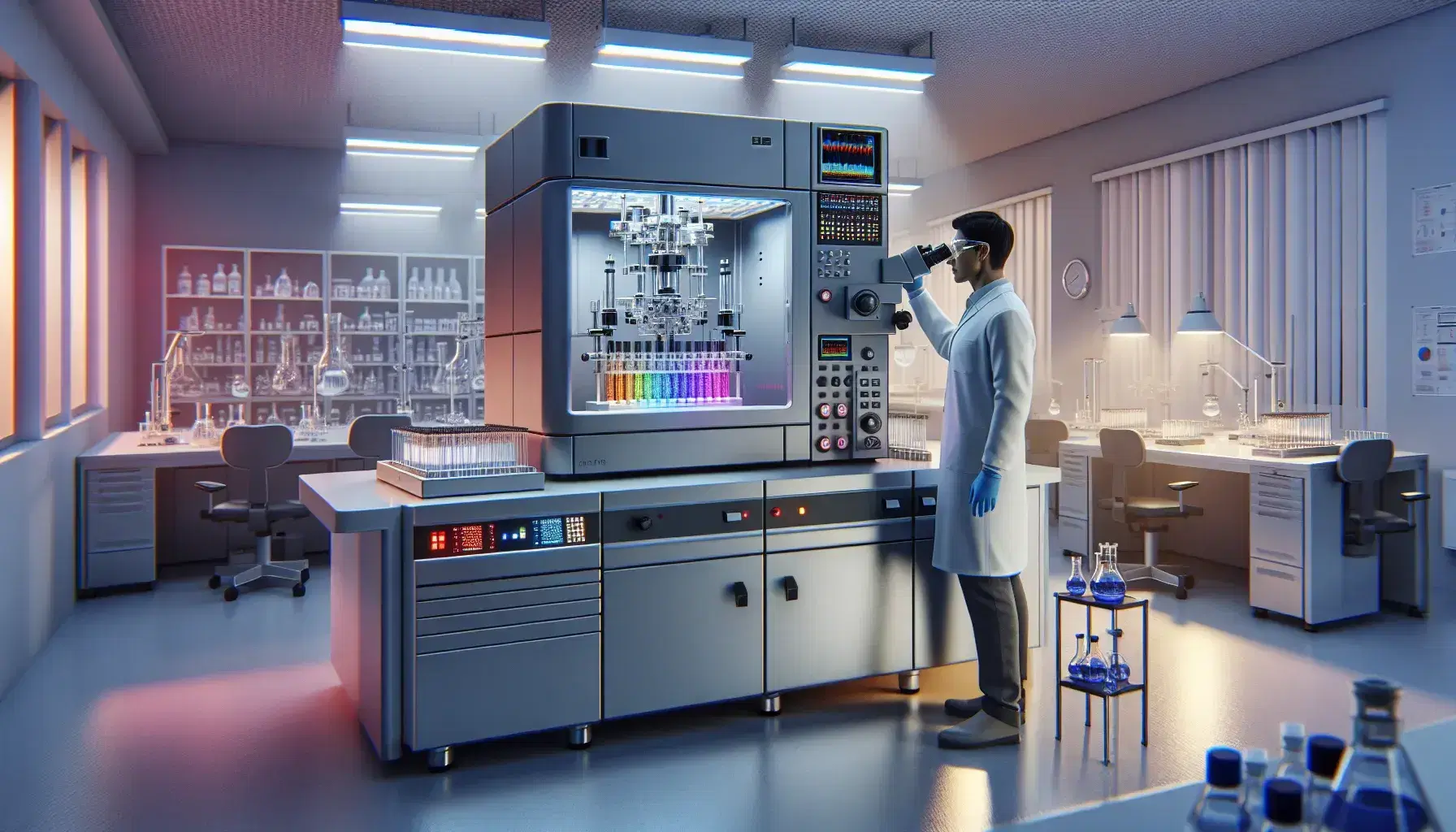 Laboratorio científico moderno con espectrómetro de emisión óptica y científico analizando muestra colorida, junto a tubos de ensayo con líquidos variados.