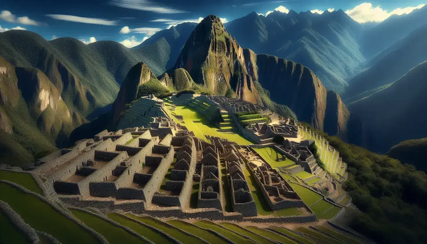 Vista panorámica de las ruinas de Machu Picchu con terrazas verdes, estructuras de piedra y la montaña Huayna Picchu bajo un cielo azul.