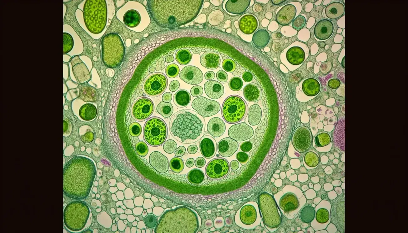 Sezione trasversale al microscopio di uno stelo vegetale mostrando una cellula centrale con parete cellulare, membrana plasmatica, citoplasma e cloroplasti.