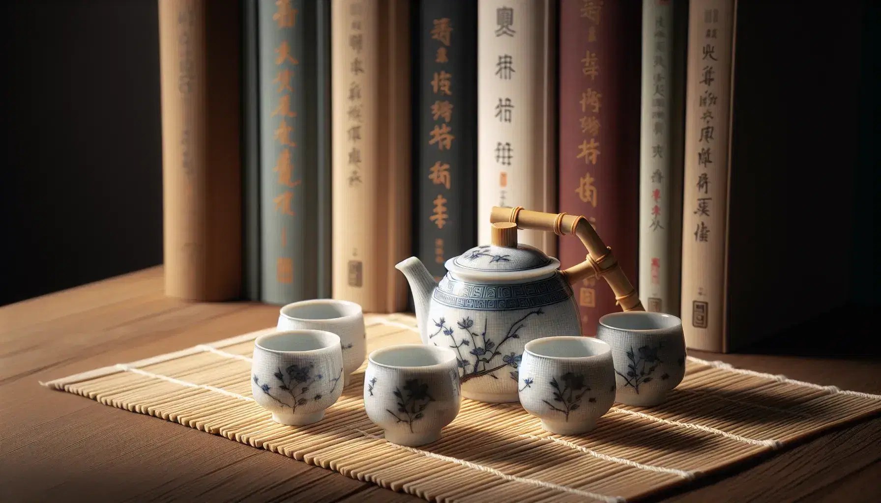 Traditional Chinese tea set with blue floral design on bamboo mat, porcelain teapot with bamboo handle, four cups, and blurred book stack in background.