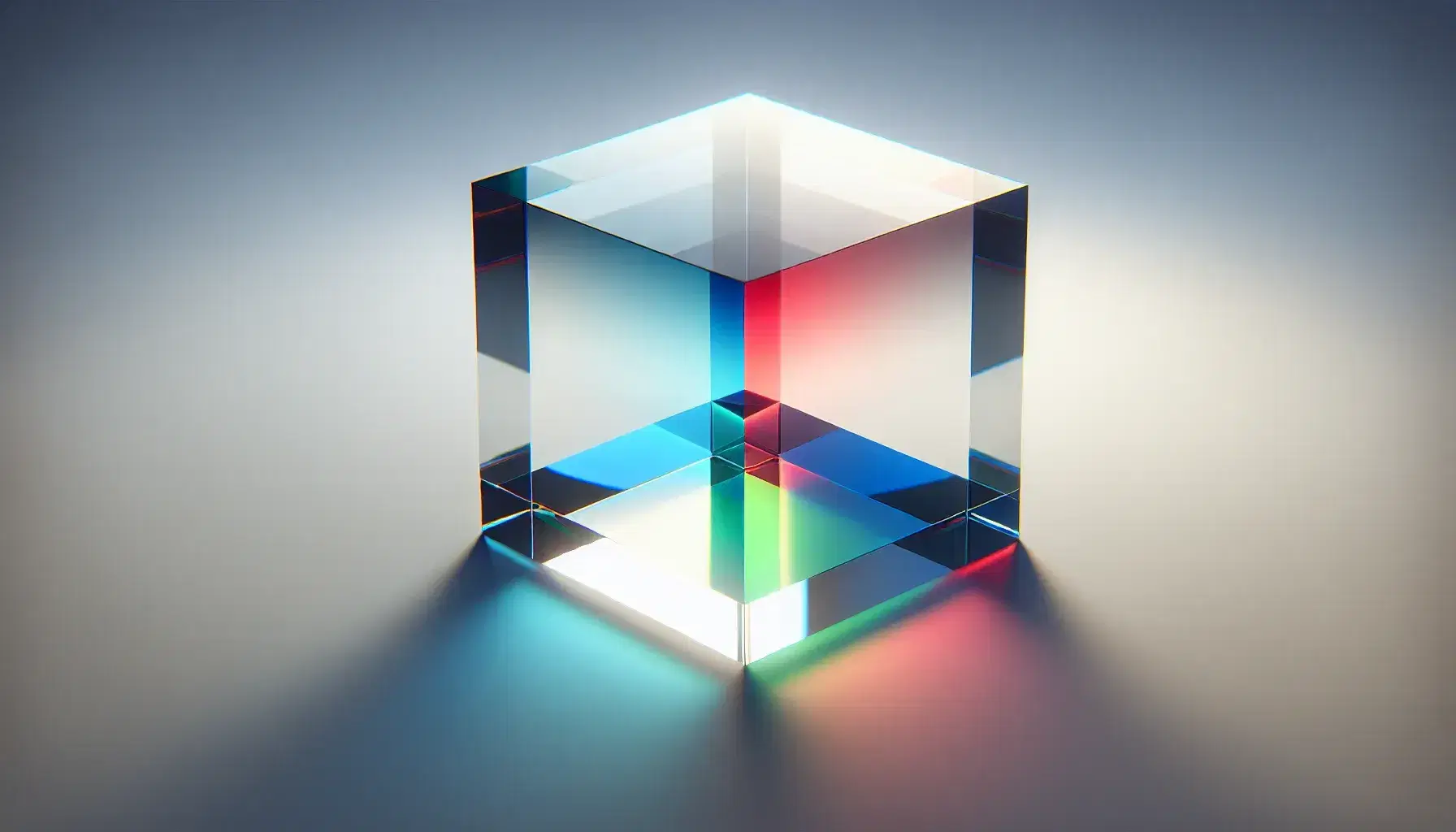Transparent glass cube on reflective surface with intersecting red, blue, and green translucent planes and central white sphere, under soft lighting.