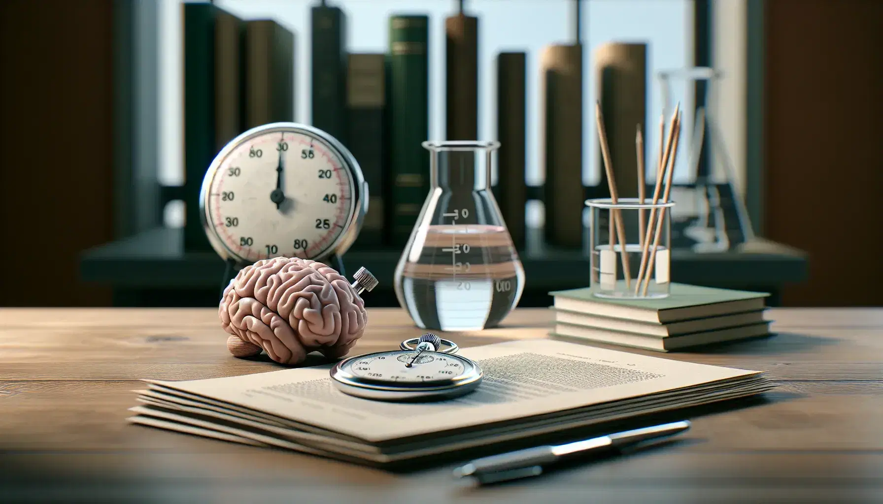 Laboratory desk with psychological research tools including a stopwatch, papers, beaker with liquid, brain model, eyeglasses, and a green potted plant.