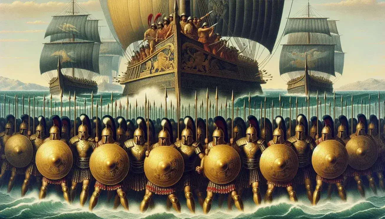 Scena di battaglia antica con soldati in armatura di bronzo in formazione falange, navi da guerra sullo sfondo e armi a terra.