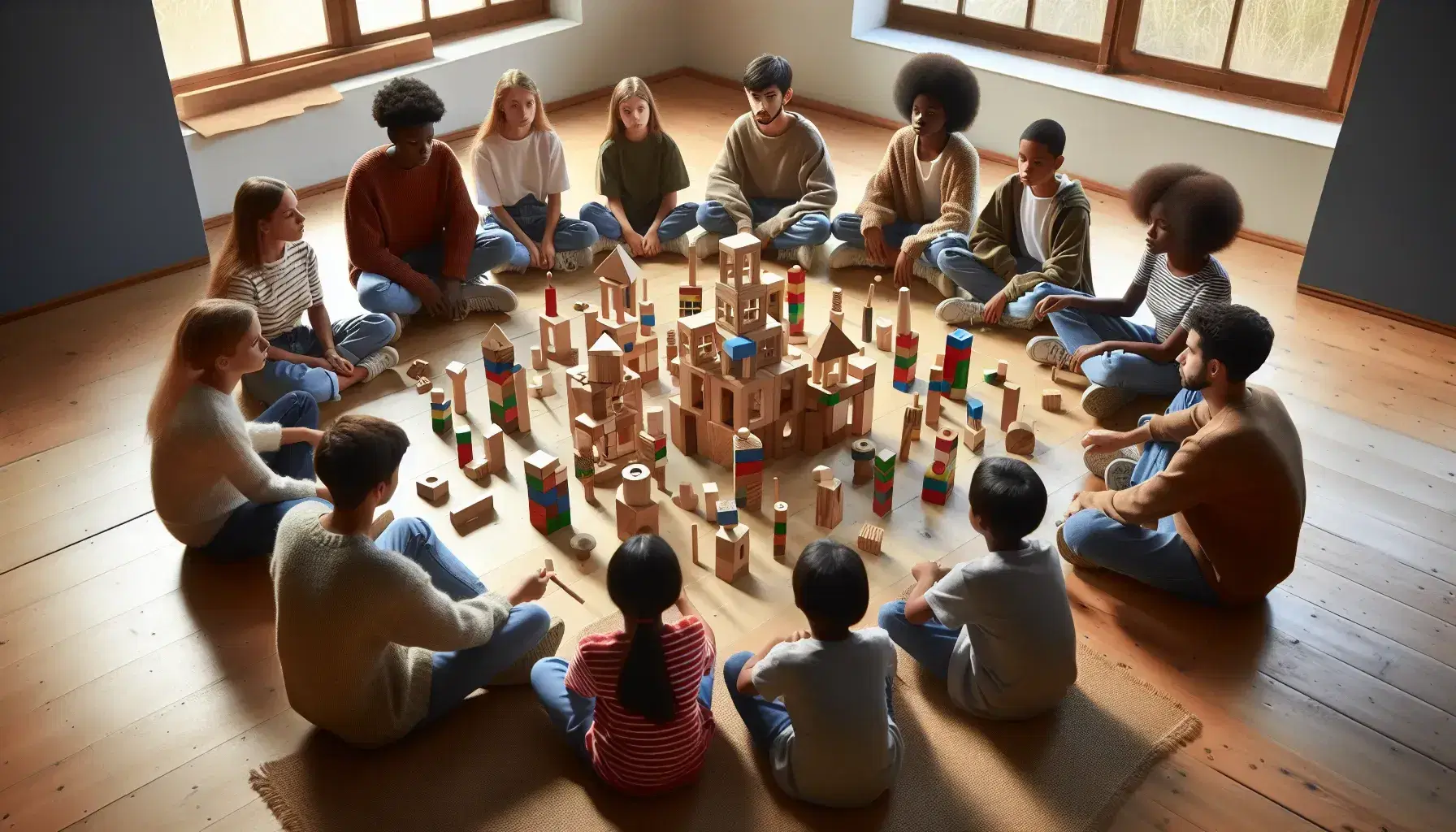 Estudiantes diversos sentados en círculo en un aula, interactuando con bloques de construcción de colores y formas variadas, reflejando concentración y curiosidad.