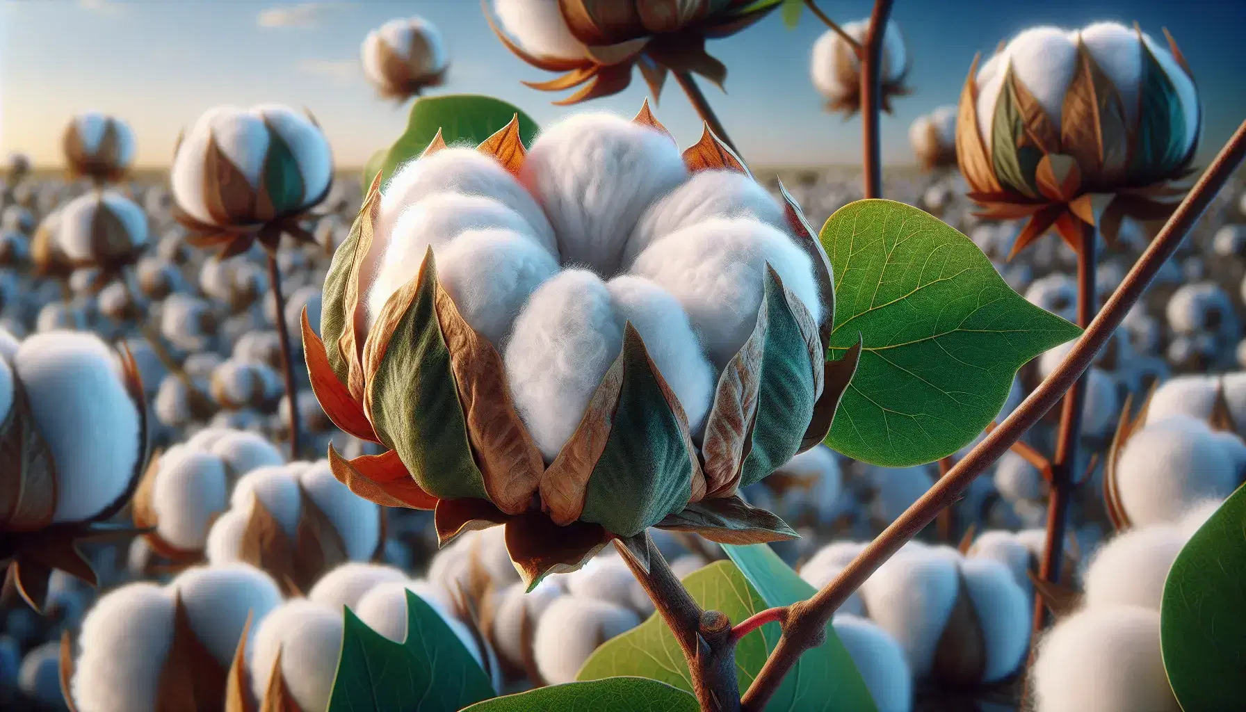 Close-up of a mature cotton boll with shiny white fibers protruding from the tan shell, surrounded by green leaves and blurry blue sky.