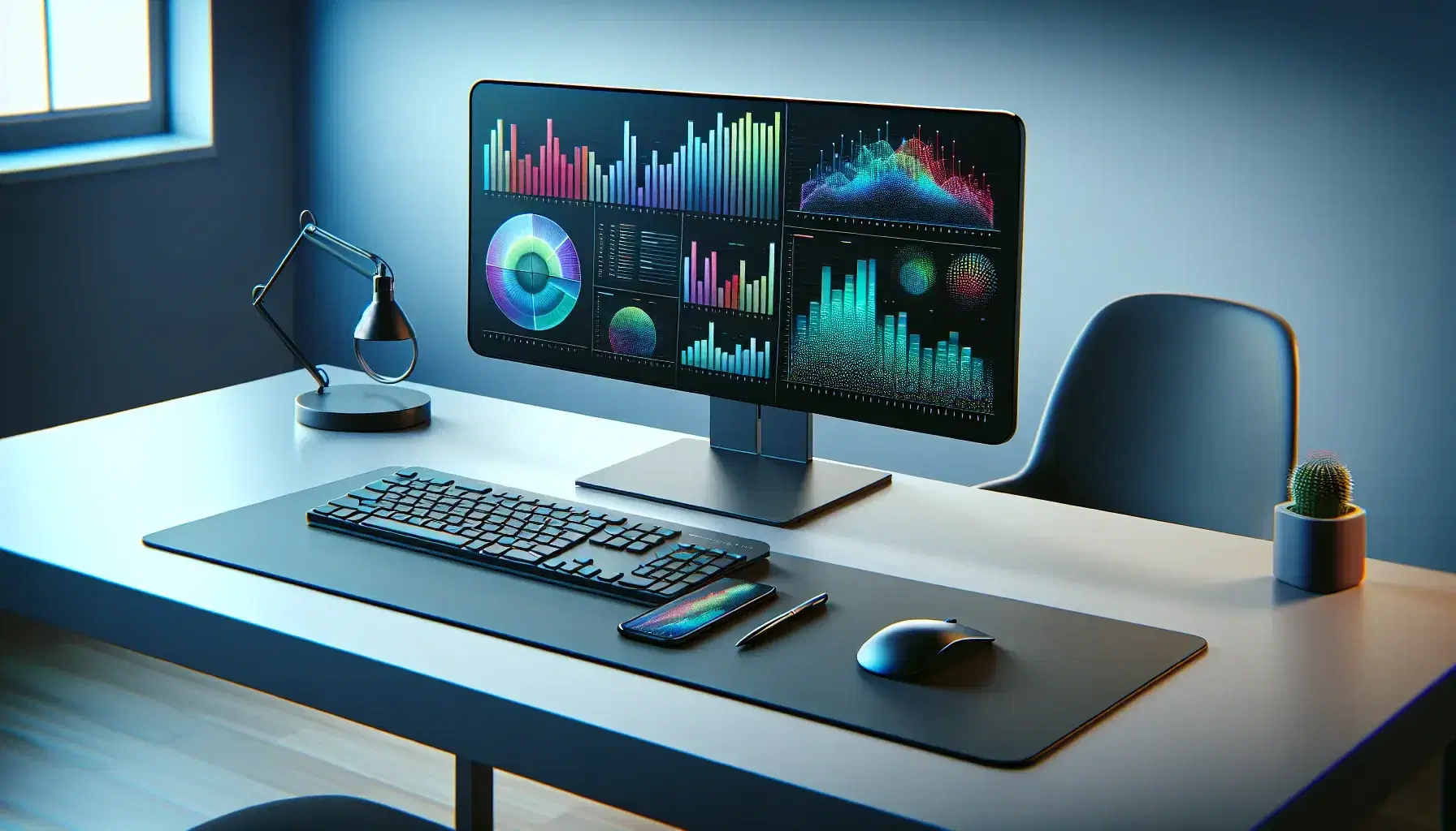 Modern computer workstation with monitor showing colorful graphs, black keyboard, optical mouse and metallic smartphone on white desk in bright office.