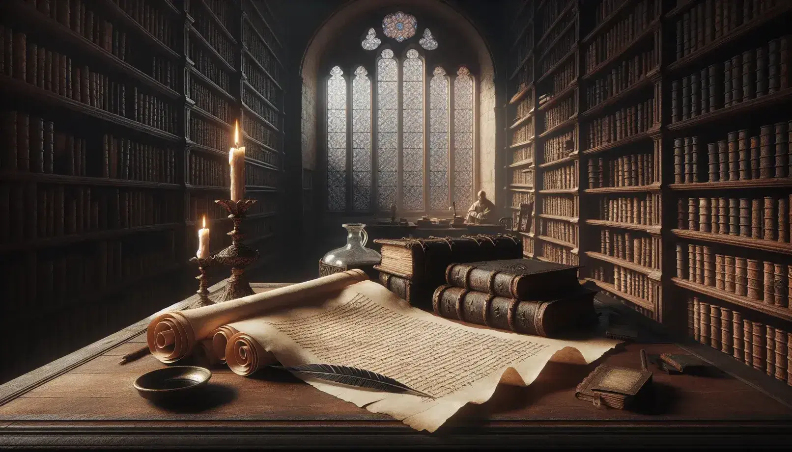 Scena di antica biblioteca con tavolo in legno, pergamena, penna d'oca e calamaio, lampada a olio e figura umana intenta a leggere.
