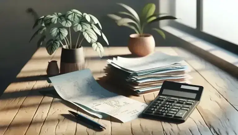 Mesa de madera clara con calculadora negra moderna, montón desordenado de recibos y facturas, bolígrafo azul oscuro y planta de interior al fondo.