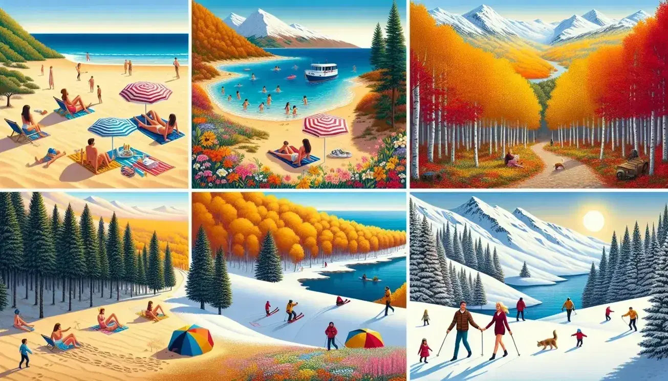 Paisaje diverso de la Península Ibérica mostrando las cuatro estaciones: playa con bañistas en verano, bosque otoñal con pareja paseando, montaña nevada con esquiadores y campo primaveral con mariposas.