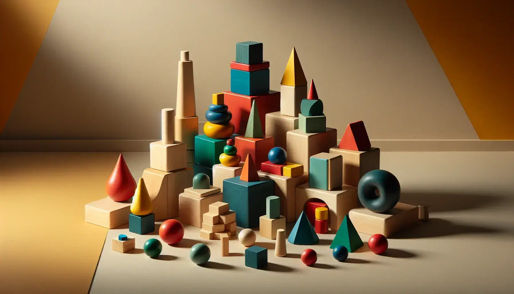 Bloques de madera geométricos en colores vivos, con formas de cubos, cilindros, conos y esferas, arreglados armónicamente sobre superficie clara.