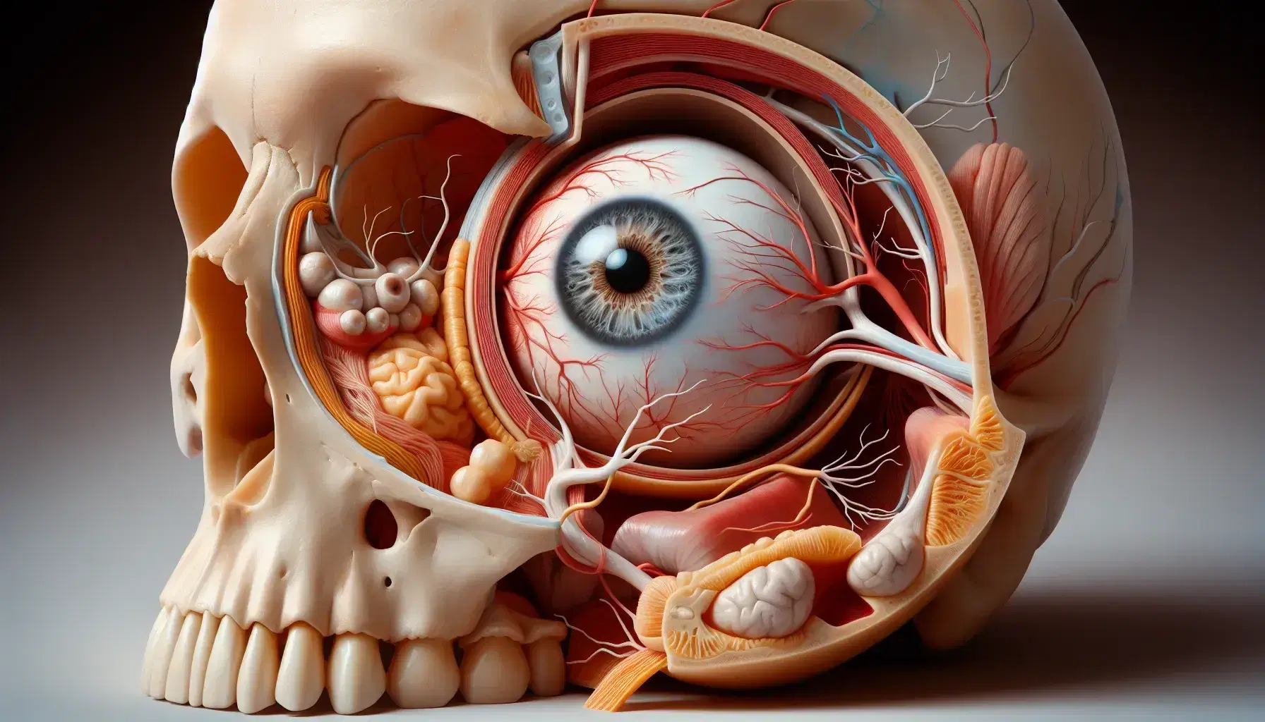 Representación anatómica detallada de la órbita humana con cráneo, músculos oculares, nervios, vasos sanguíneos y globo ocular con iris azul o marrón y pupila central.