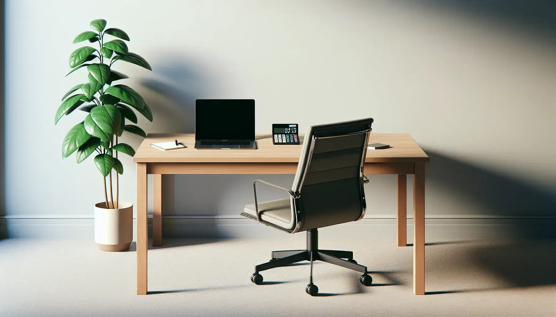 Modern office setup with a wooden desk featuring a closed laptop, a simple calculator, a potted plant, and a black swivel chair on a light carpet, with a plain beige wall in the background.