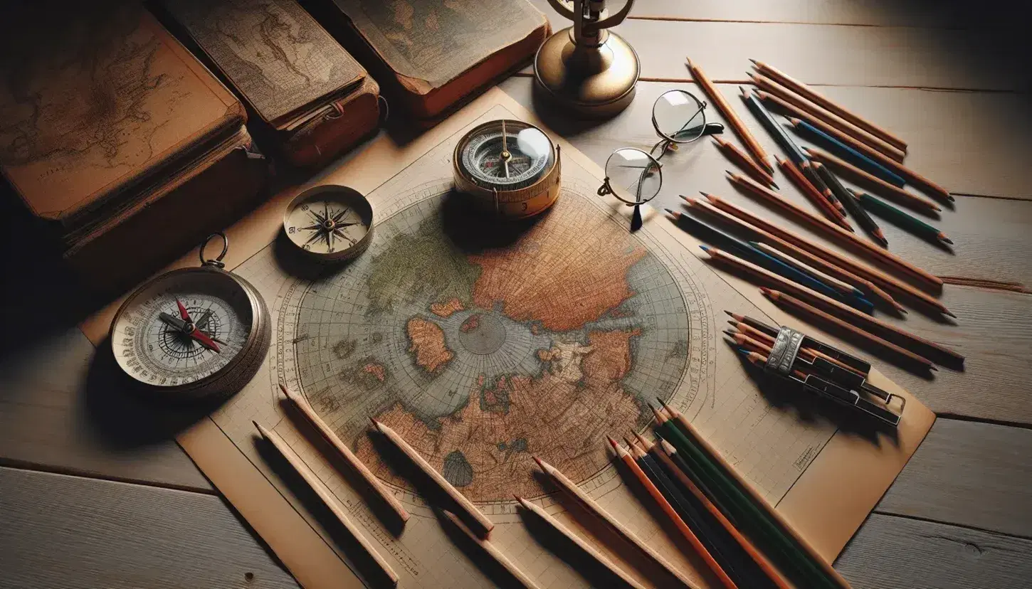 Tavolo con mappa geografica, bussola, lente d'ingrandimento, occhiali e matite colorate, sfondo con globo senza scritte.