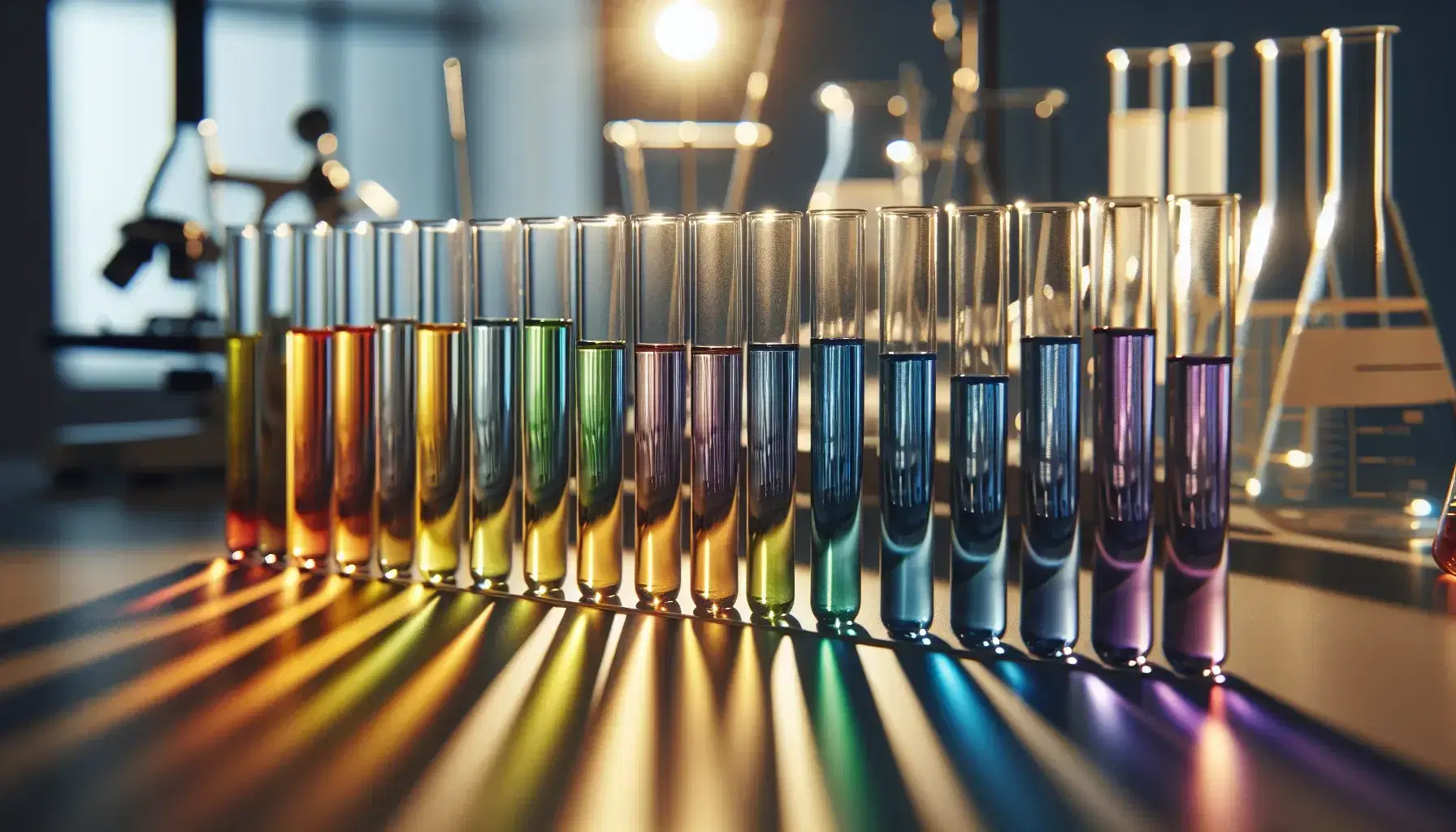 Tubi di vetro con soluzioni colorate in gradazione arcobaleno su banco da laboratorio con sfondo di strumenti scientifici sfocati.