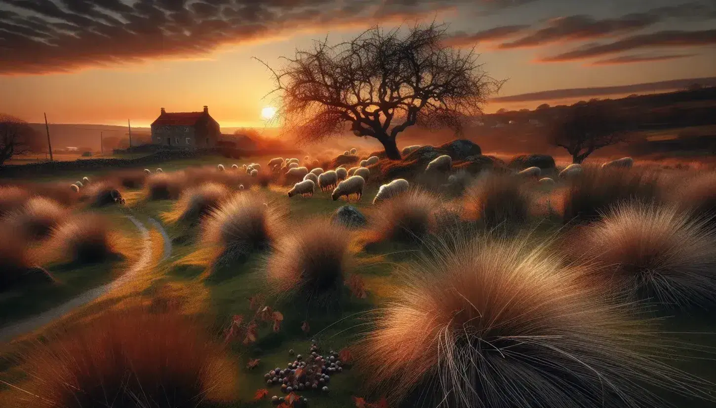 Paesaggio rurale al tramonto con sentiero, casa di campagna, albero spoglio, gregge di pecore e pastore, cielo arancione e rosa.