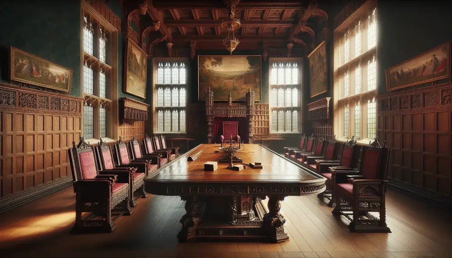 Elegant Tudor-style room with high ceilings, oak table, red velvet chairs, leaded windows, tapestries, and a chandelier, devoid of modern elements.