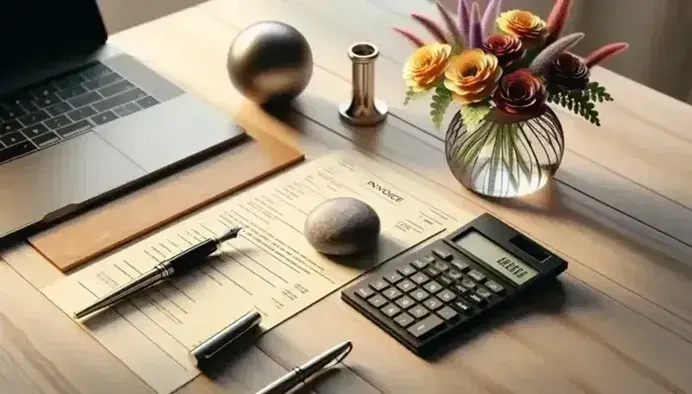 Scrivania in legno chiaro con fattura, pietra, calcolatrice nera, penna stilografica e laptop chiuso, vaso con fiori colorati.