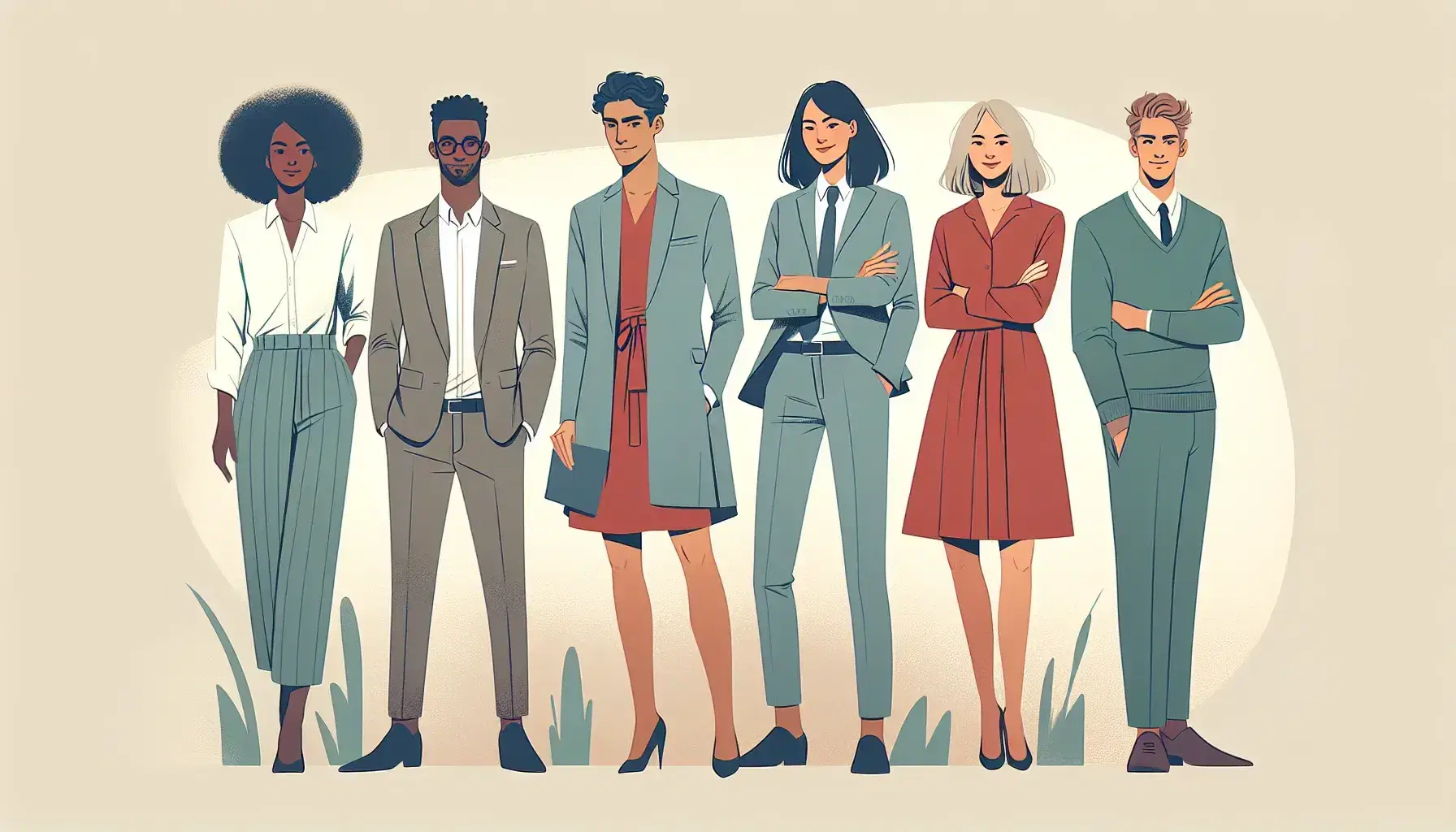 Diverse group of professionals lined up, including a woman in blue blazer, man in gray suit, woman in red dress, man in green sweater, and woman in purple blouse.