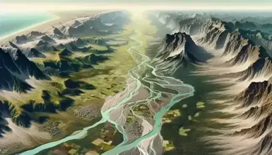 Vista aérea de un paisaje con montañas verdes, río serpenteante, llanura y un pequeño pueblo, bajo un cielo azul con nubes dispersas.