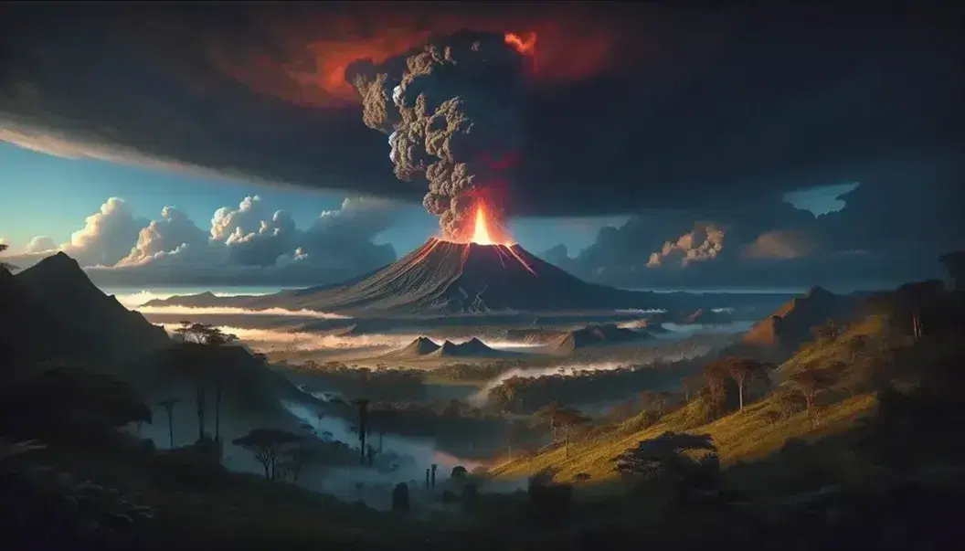 Eruzione vulcanica con colonna di fumo e cenere, lava incandescente che illumina il cielo e osservatori in lontananza.