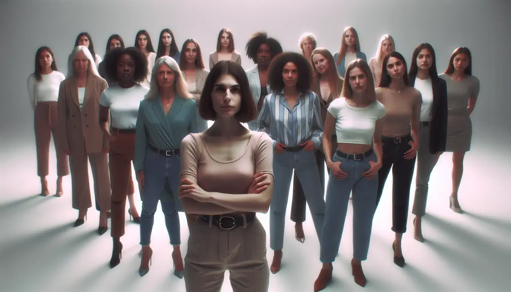 Diverse group of women standing together in unity, representing inclusivity in the feminist movement, with a confident leader at the forefront.