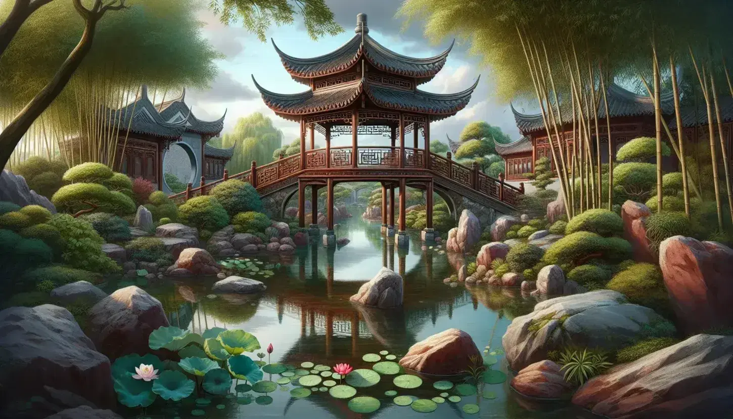 Serene Chinese garden with a reflective pond, stone edges, bamboo, lotus flowers, a wooden bridge, and a multi-tiered pagoda amid autumn trees.