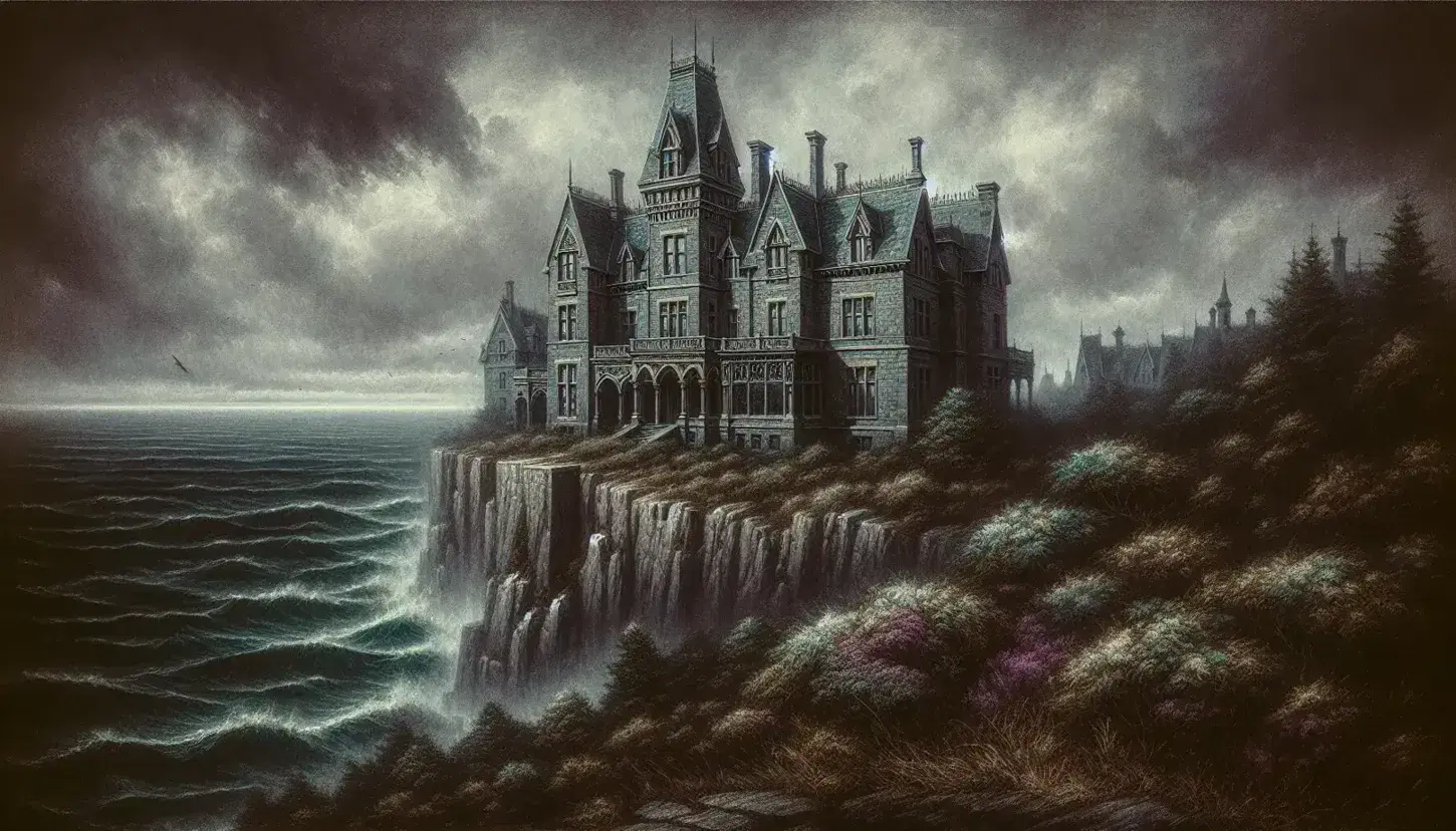 Victorian mansion on a cliff with overcast skies, turbulent sea below, and wild shrubs in the foreground, conveying solitude and mystery.