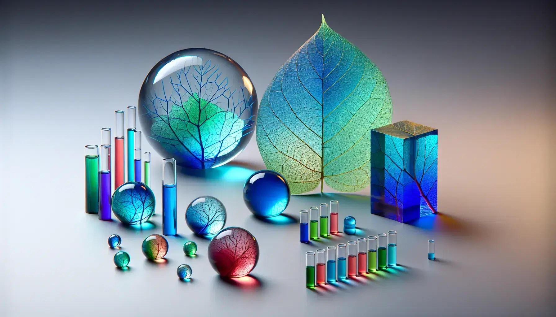Vari oggetti in resina sintetica, inclusa una sfera trasparente con filamenti colorati, un cubo blu, una foglia verde e cilindri colorati su sfondo neutro.