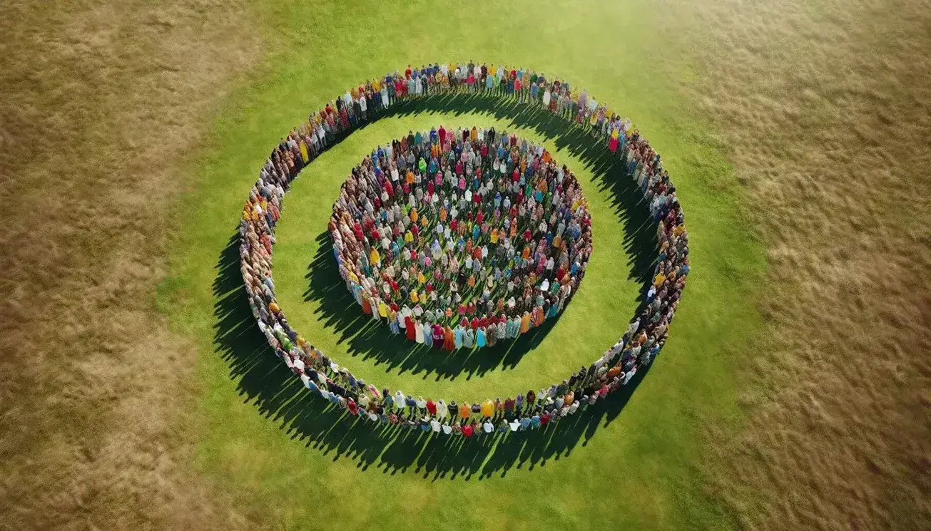 Círculo de personas diversas tomadas de las manos en campo verde bajo cielo azul claro, simbolizando unidad y cooperación.