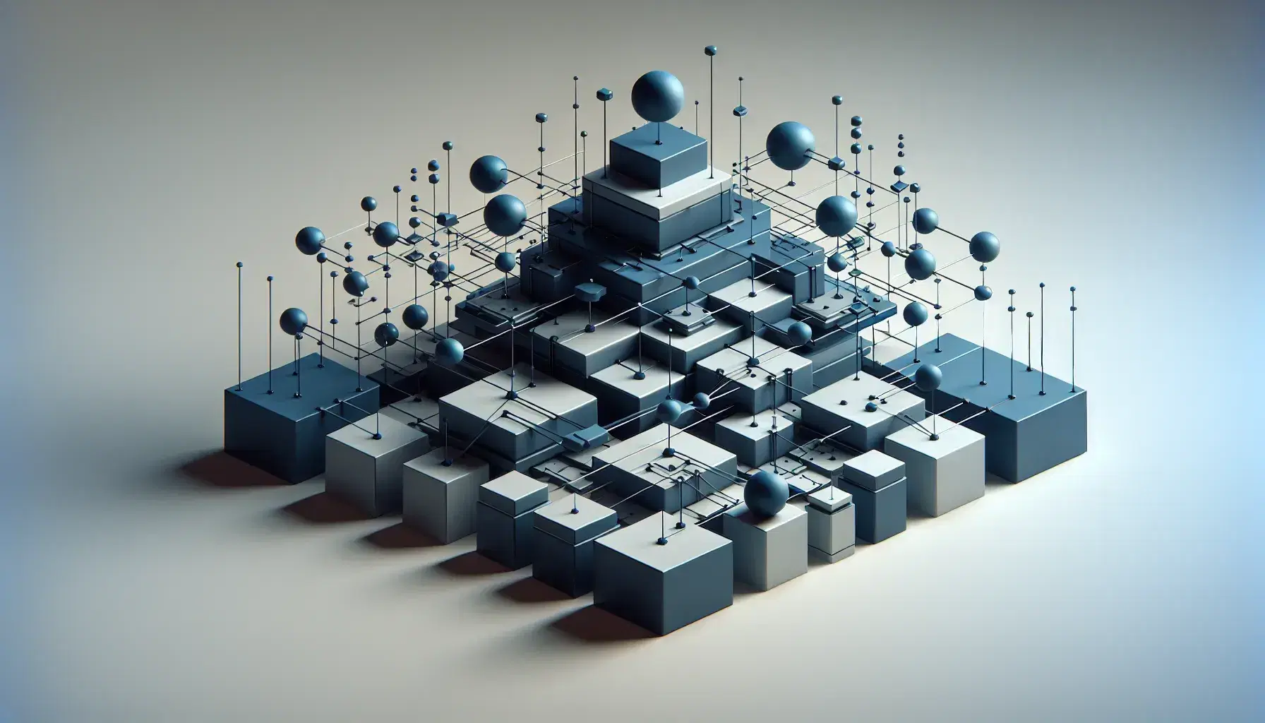 Estructura geométrica tridimensional con cubo central azul oscuro y plataformas con esferas azul claro conectadas por cilindros, sobre fondo gris.