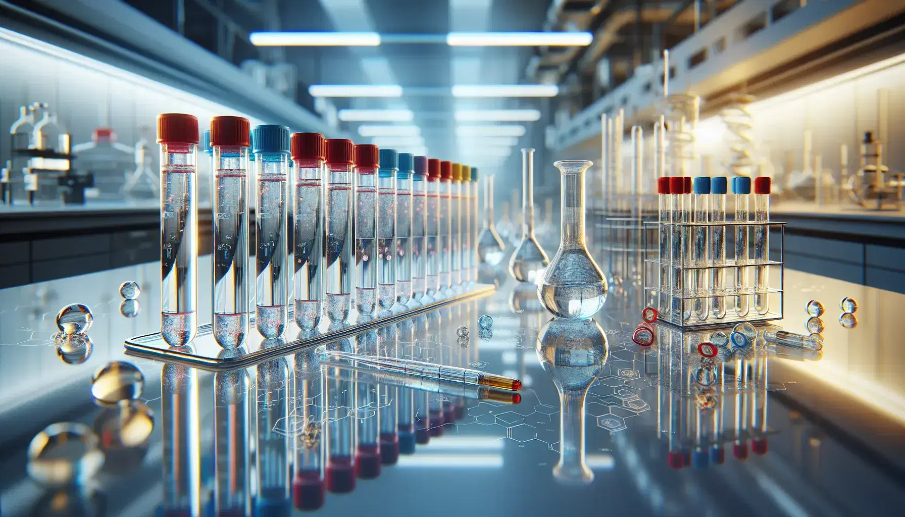 Provette in vetro con tappi colorati e liquidi vari su scaffale bianco in laboratorio moderno, pipetta a fianco.