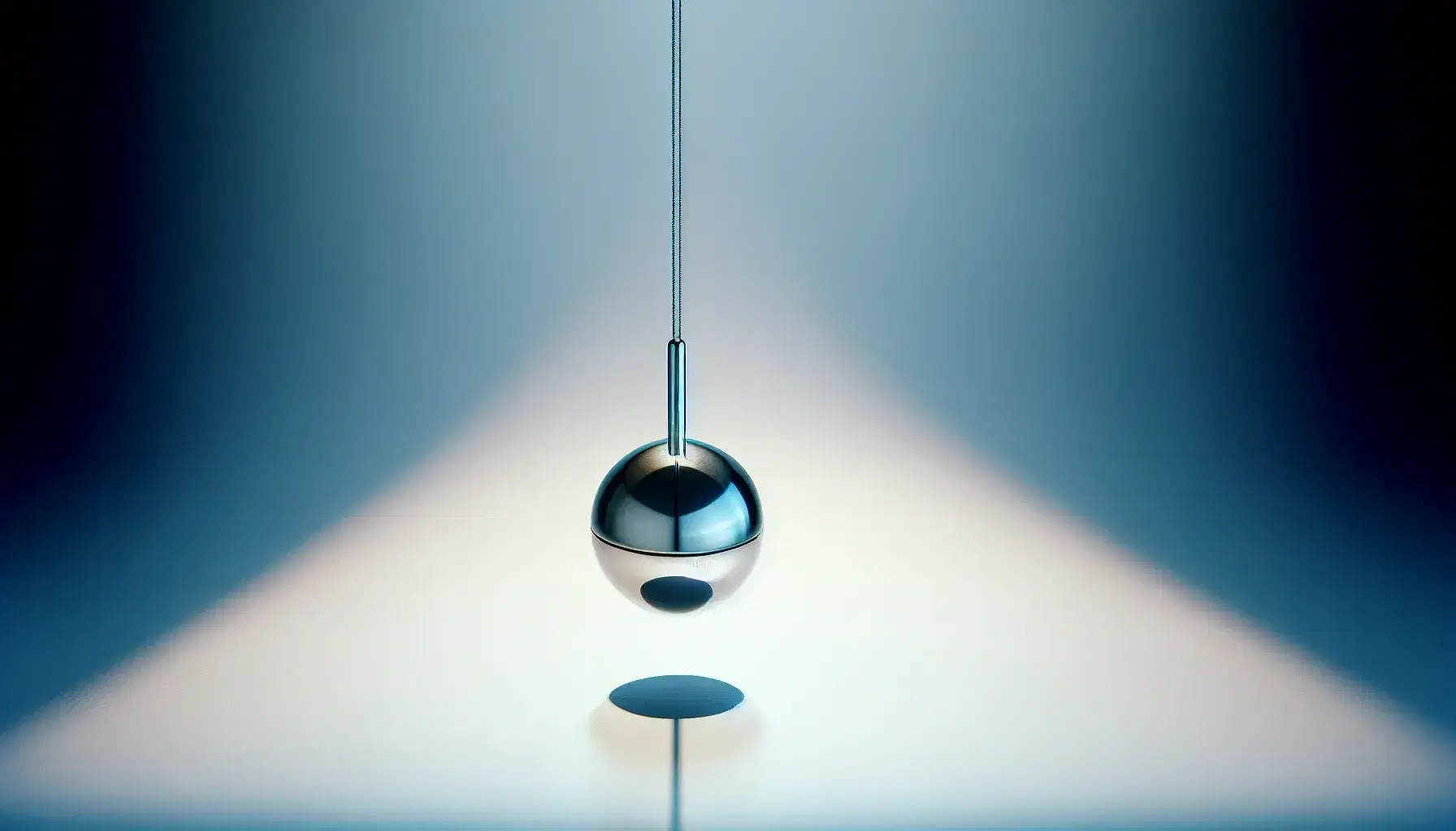 Péndulo simple en movimiento con esfera plateada en el punto más alto de su trayectoria, colgando de estructura metálica negra sobre fondo degradado azul a blanco.