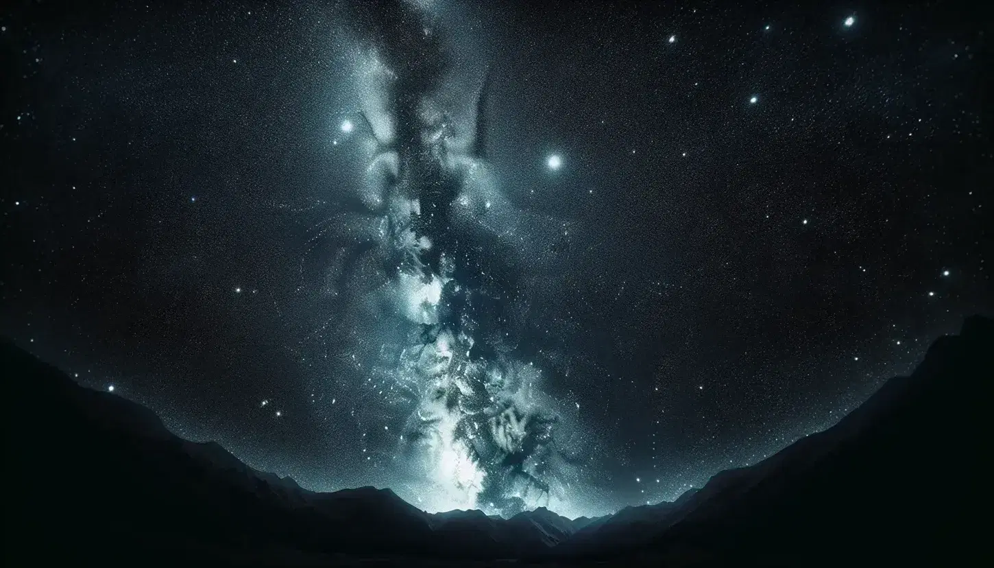Cielo notturno stellato con Via Lattea visibile e silhouette di montagna, lontano dall'inquinamento luminoso.