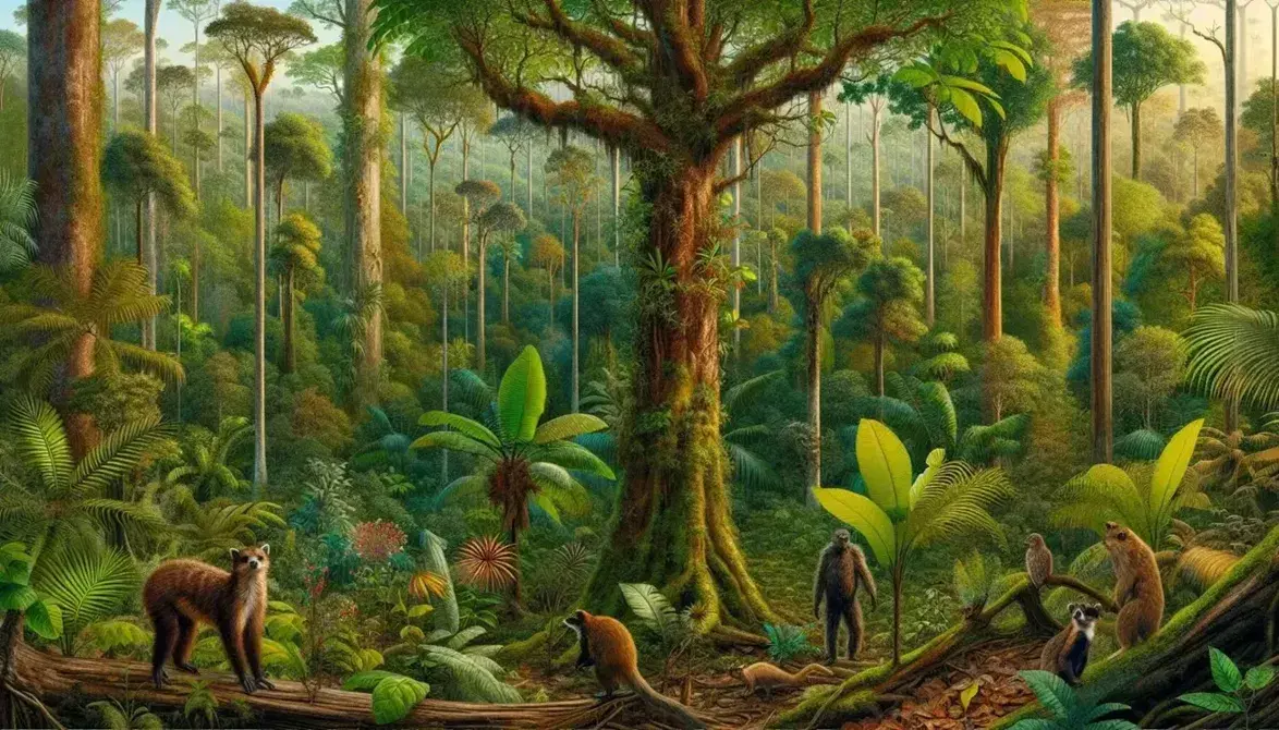 Selva tropical densa con árboles de distintas alturas, plantas de variados tonos de verde, aves tricolores en rama y mamífero marrón buscando alimento.