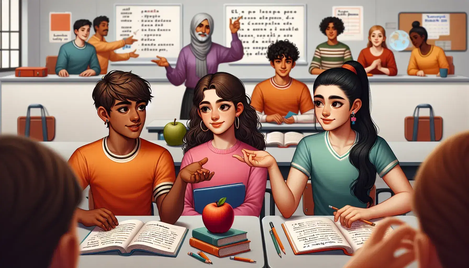 Diverse students engage in a Spanish class, conversing and pointing at objects, with an attentive teacher overseeing the interactive lesson.