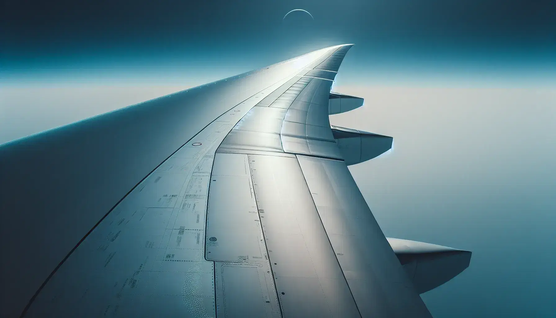 Ala de avión en vuelo con cielo azul despejado de fondo, reflejando la luz del sol y mostrando estelas de condensación.