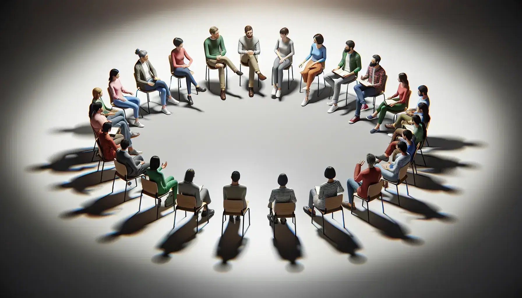 Grupo diverso de personas sentadas en semicírculo participando en un diálogo activo, con espacio central para orador y ambiente de escucha atenta.