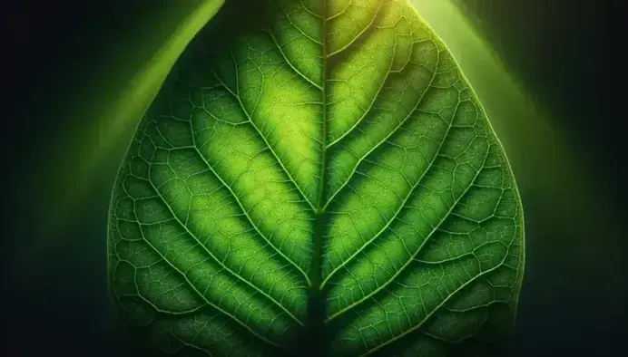 Vibrant green leaf in foreground with network of veins highlighted by natural light, smooth and shiny surface on green blurred background.