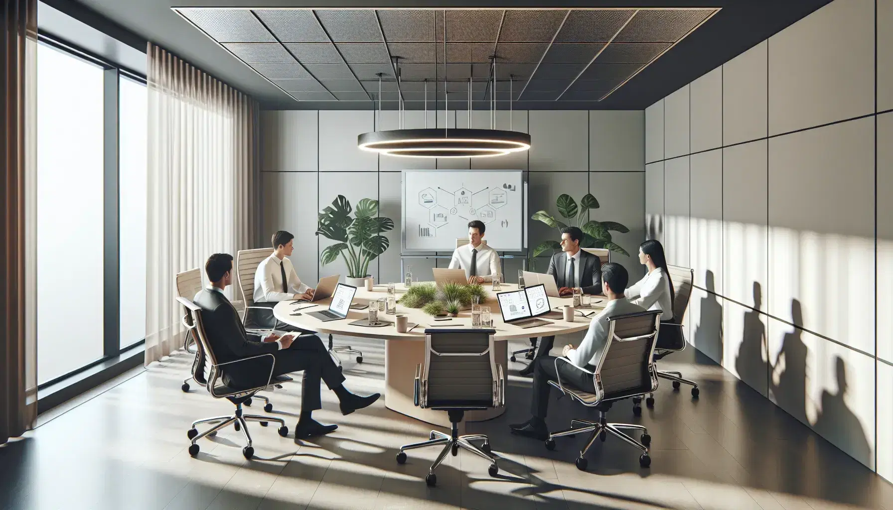 Reunión de negocios en oficina moderna con mesa ovalada, sillas ergonómicas, laptops, y cuatro profesionales en conversación activa.
