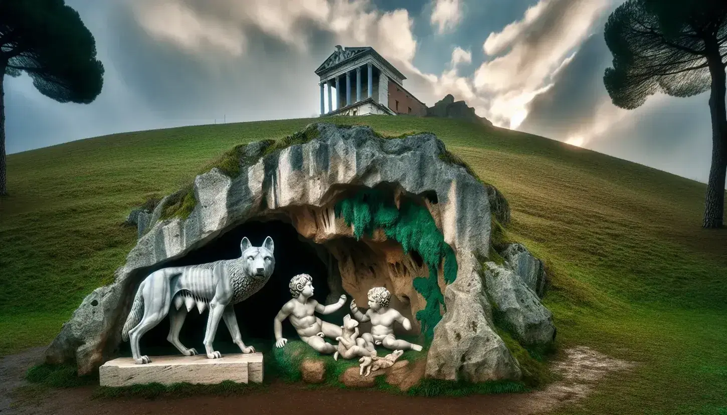 Rappresentazione artistica del mito di Romolo e Remo con la lupa nel Lupercal, statua marmorea dei gemelli e sfondo di tempio romano antico.