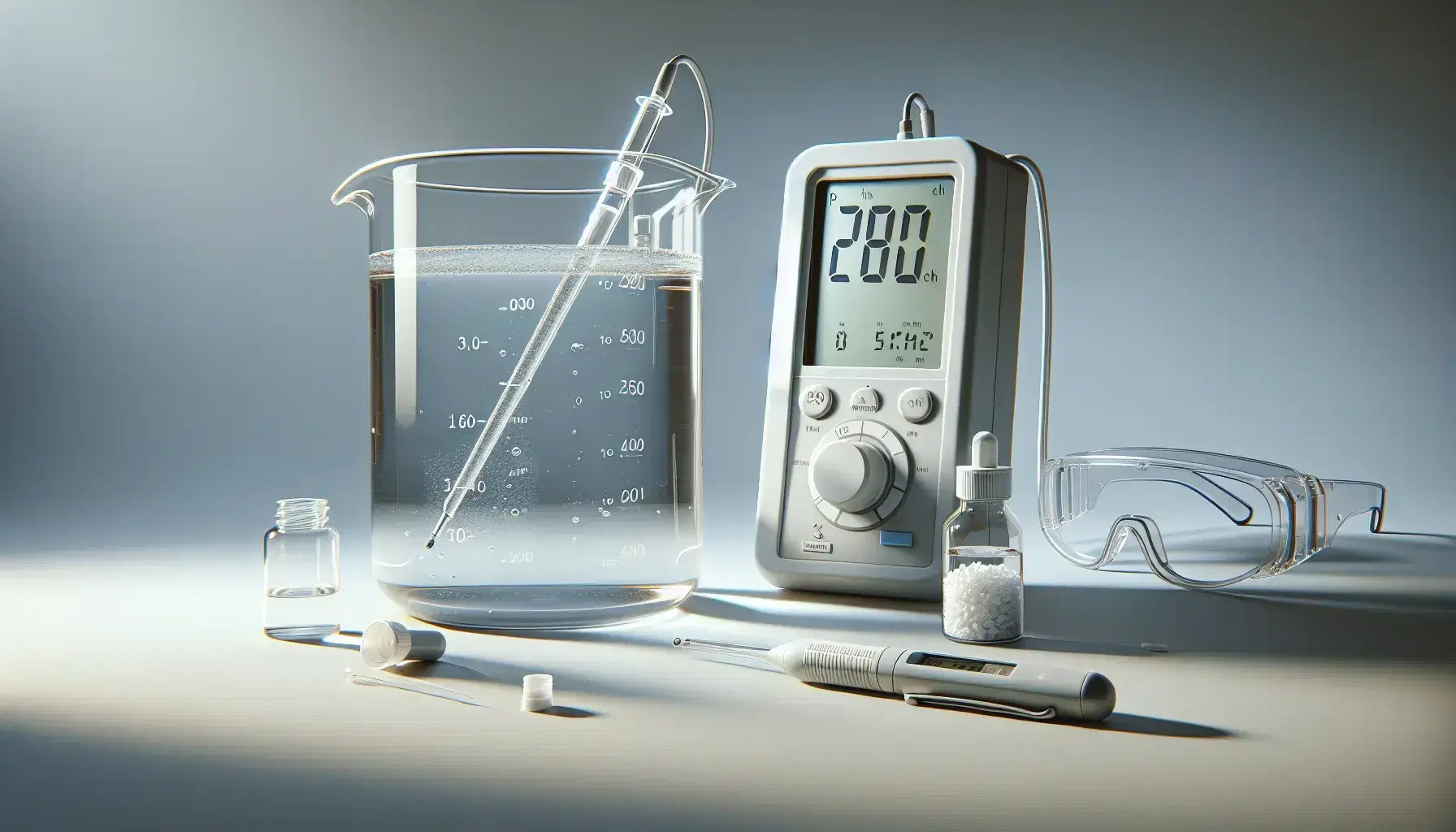 Glass beaker with colorless liquid and pH meter immersed, vial with white crystalline substance next to it, safety glasses on the gray background.
