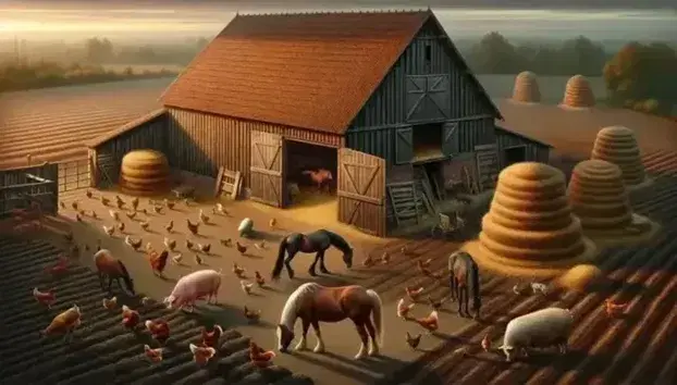 Scena bucolica al tramonto con fienile in legno, cavalli, galline, maiale e gatto su balla di fieno, riflessi su stagno.
