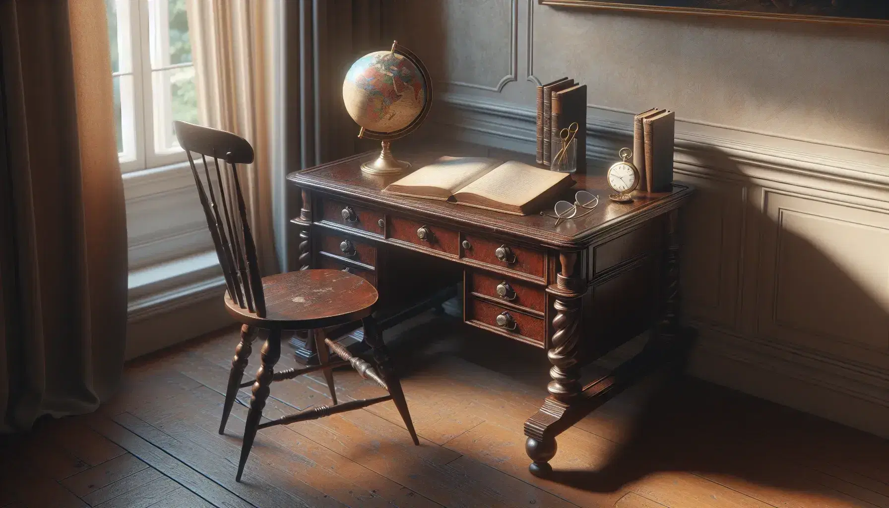 Escritorio de madera antiguo con globo terráqueo, gafas redondas y reloj de bolsillo, junto a silla con libro abierto en habitación iluminada naturalmente.